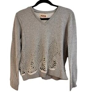 Pepin Anthropologie Distressed V-Neck Sweatshirt Womens S Gray Cotton Grunge
